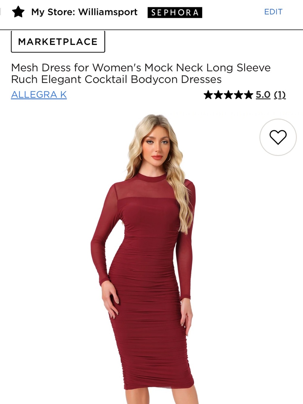 Allegra K Wine Red Long Sleeve Mock Neck Bodycon Dress
